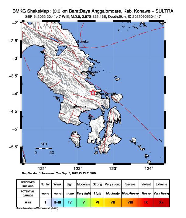 Gempa 2,5 SR Guncang Anggalomoare Konawe, BMKG : Akibat Aktivitas Sesar Kendari