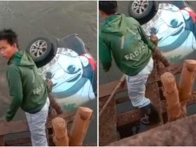 Mobil Jasa Pengiriman Hanyut di Sungai di Morosi Konawe
