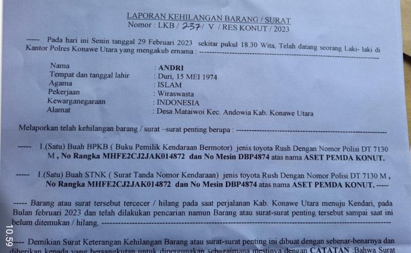 Info Kehilangan Surat Kendaraan Bermotor Warga Asal Konut