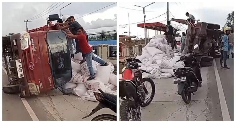 Diduga Akibat Jalan Rusak, Mobil Truk Bermuatan Pupuk di Kolaka Terbalik