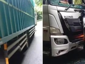 Adu Banteng Dua Truk di Pendakian Tamborasi, Bagian Depan Ringsek Parah!
