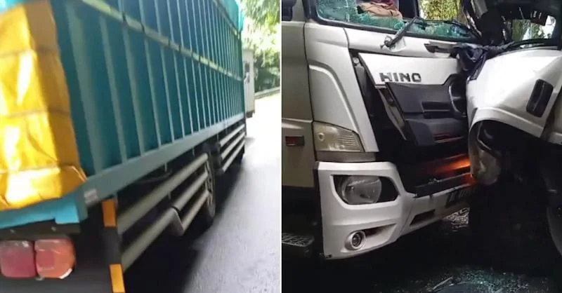 Adu Banteng Dua Truk di Pendakian Tamborasi, Bagian Depan Ringsek Parah!
