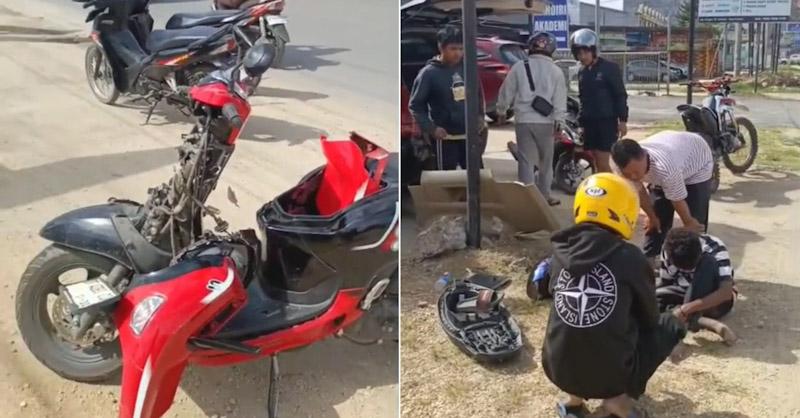 ‎Kecelakaan di Jalan Poros Wolo, Motor Hancur Terlindas Mobil