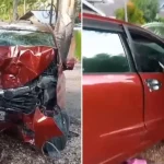 Ringsek Parah! Avanza Merah Hantam Pohon di Depan Kantor PUPR Baubau