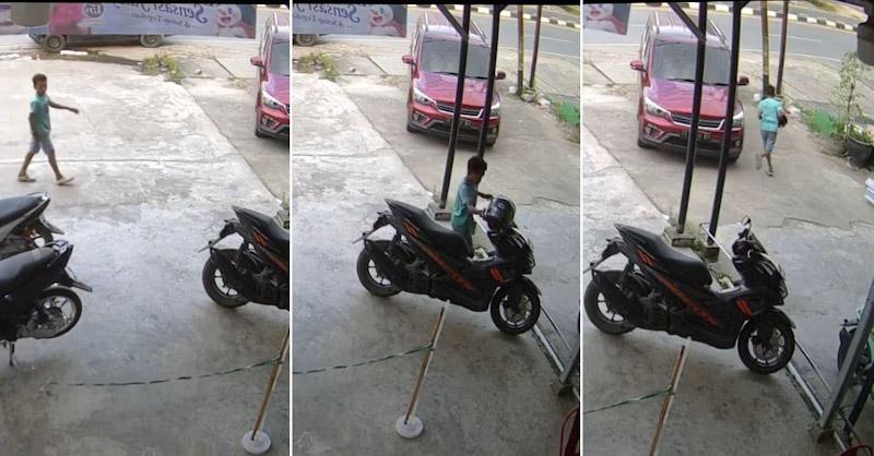 Viral! Bocah Berkaos Hijau Terekam CCTV Gasak Helm KYT di Wua-Wua
